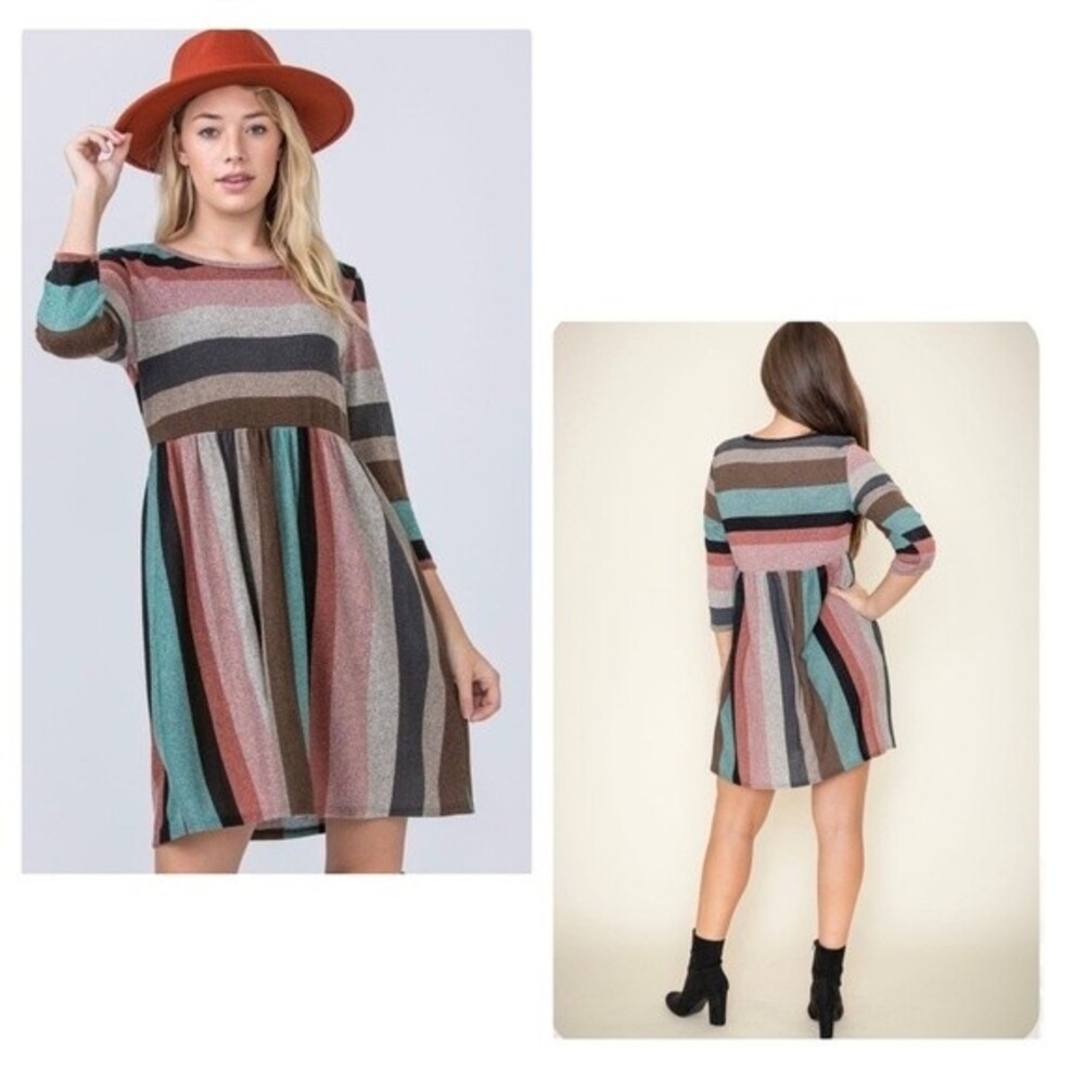 Long sleeve soft beautiful colors striped knit dress with pockets size medium